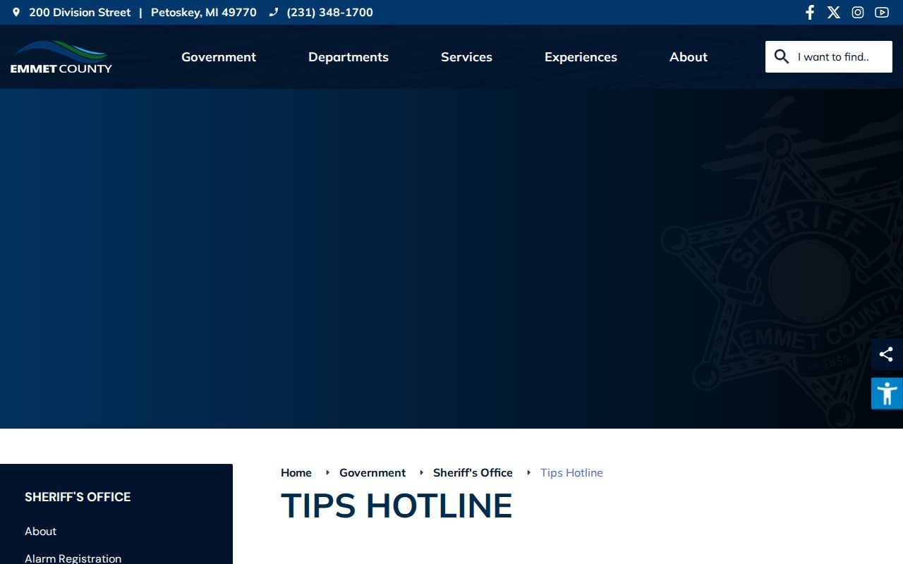 Emmet County Sheriff TIPS hotline page for reporting a wanted person anonymously