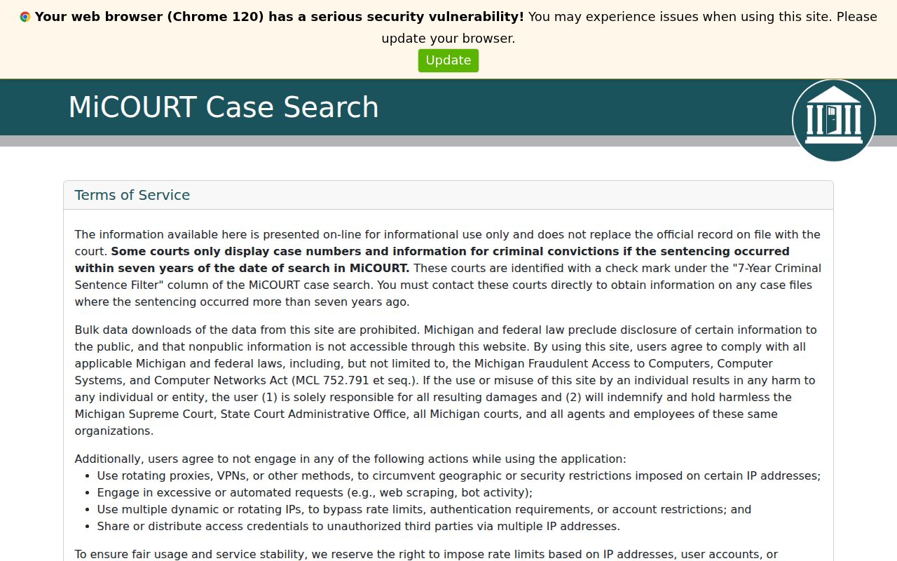 Emmet County warrant search through the Michigan MiCOURT public case search