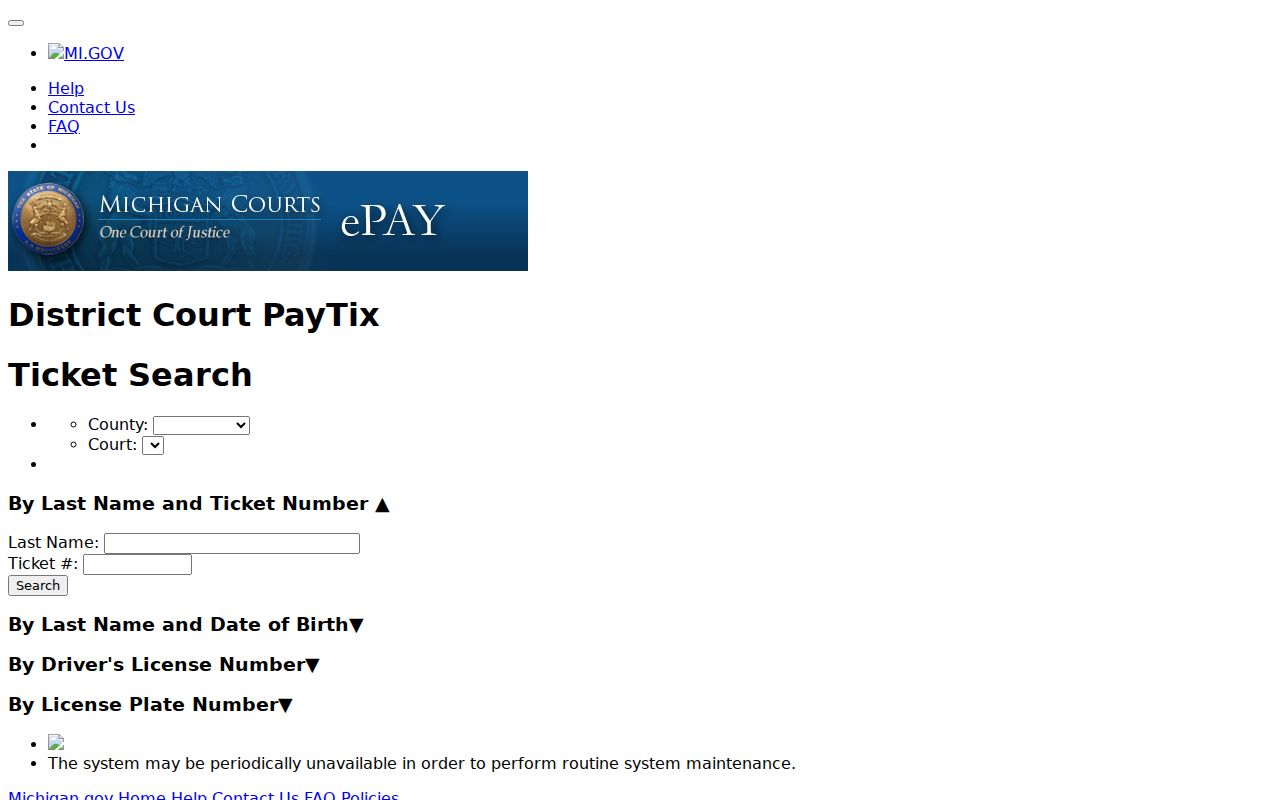 Michigan eTix traffic ticket lookup with Emmet County court selection