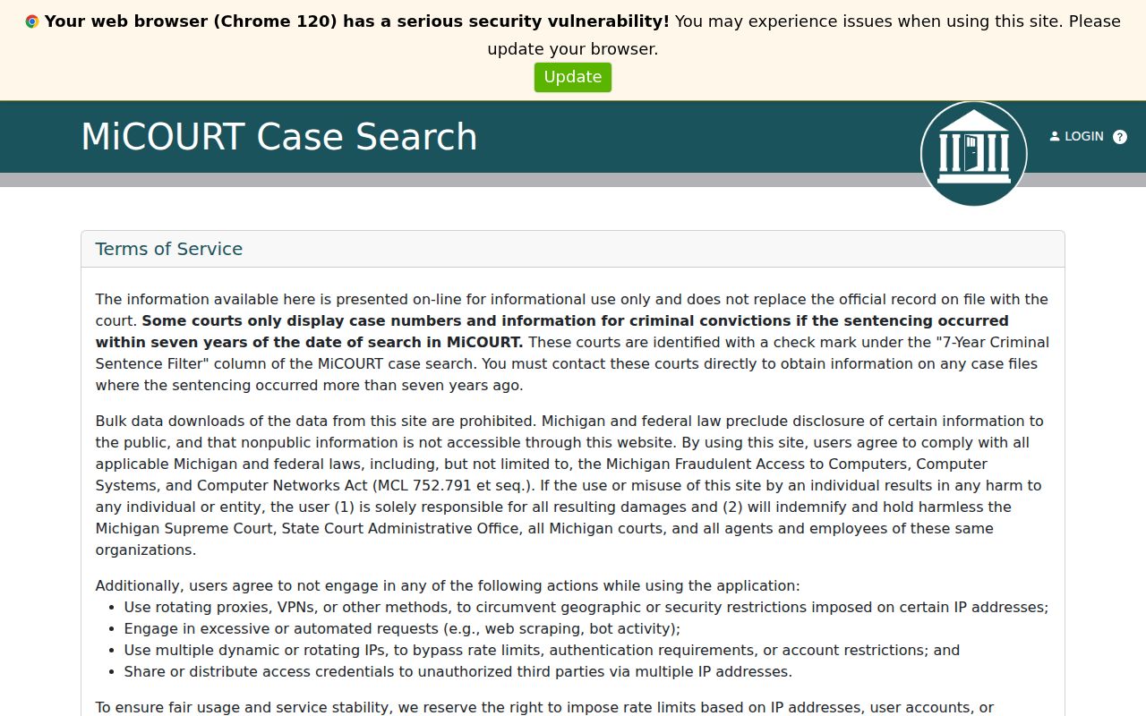 MiCOURT case search route for Emmet County city court warrant records