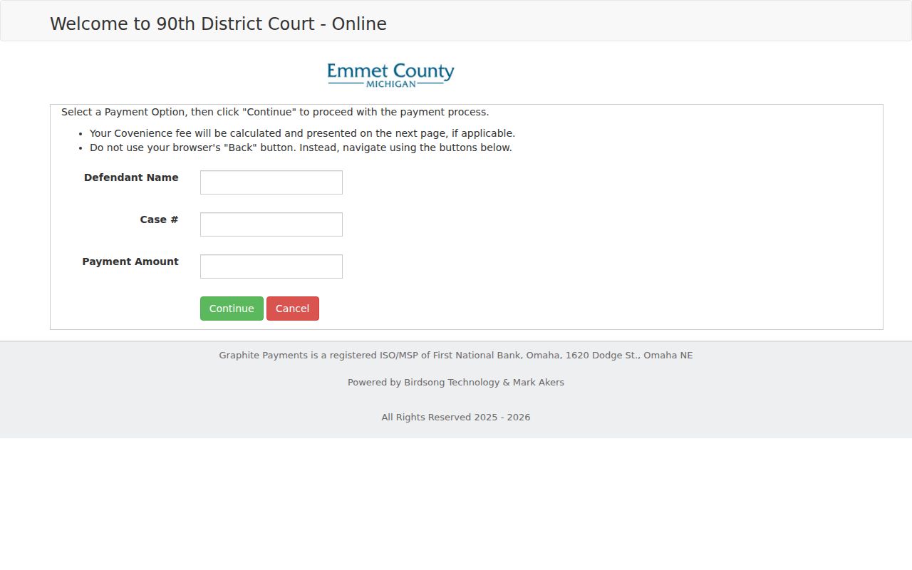 Emmet County 90th District Court payment portal fields for traffic warrant fines
