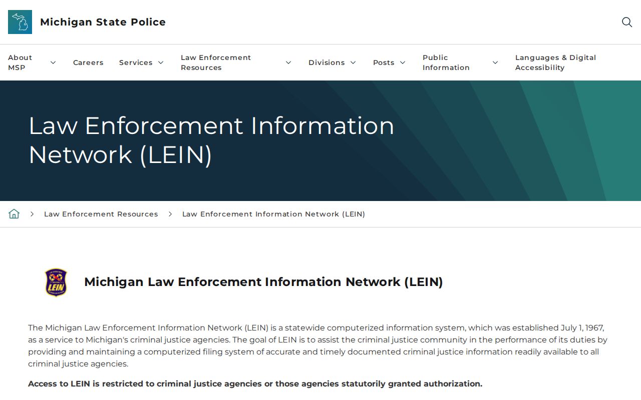 Michigan Law Enforcement Information Network page explaining restricted Emmet County warrant access