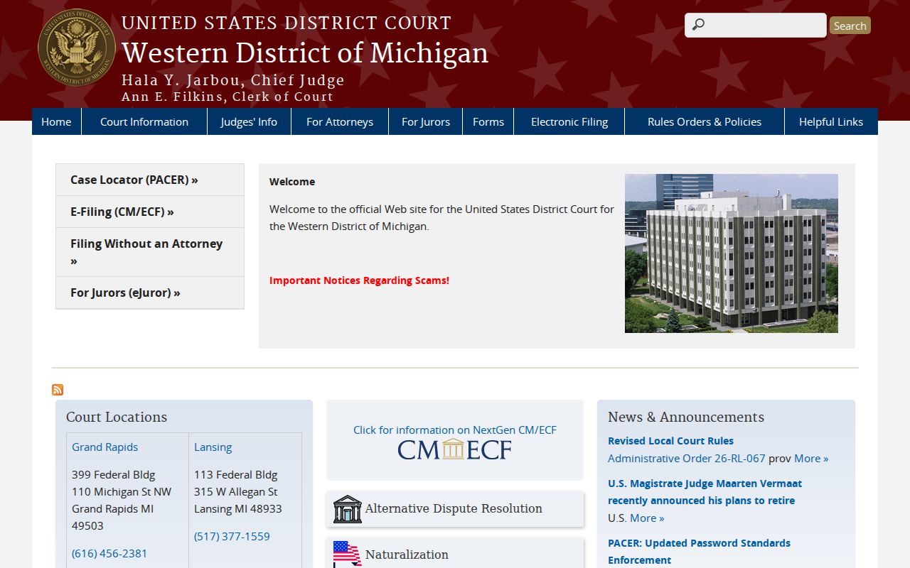 Western District of Michigan federal court page for federal arrest warrant records