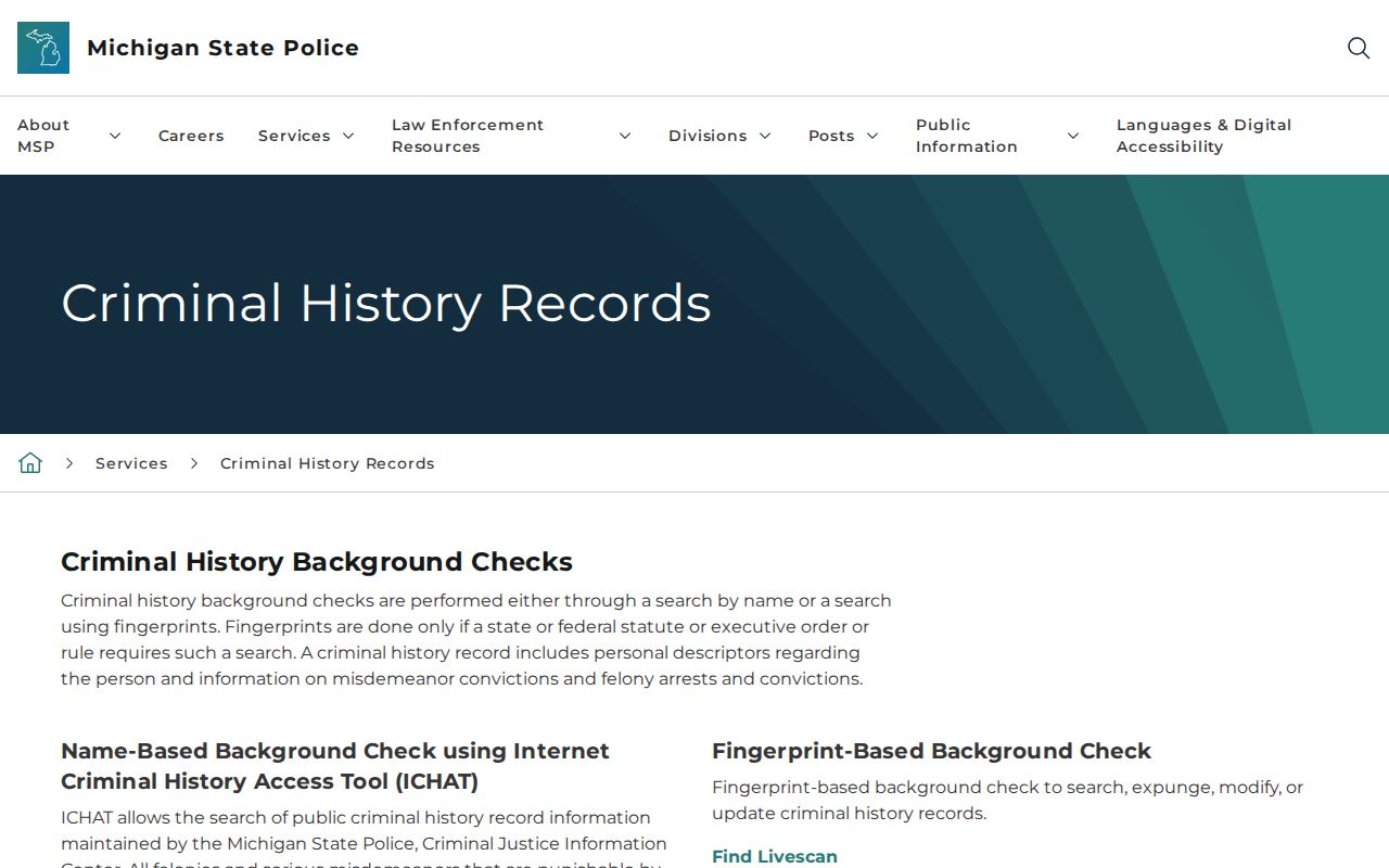 Michigan ICHAT criminal history service page used for Emmet County warrant searches