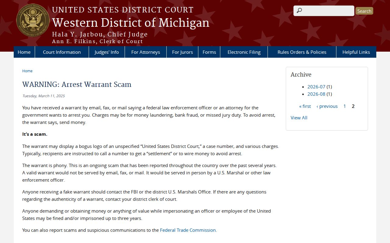 Federal arrest warrant scam warning from the Western District of Michigan