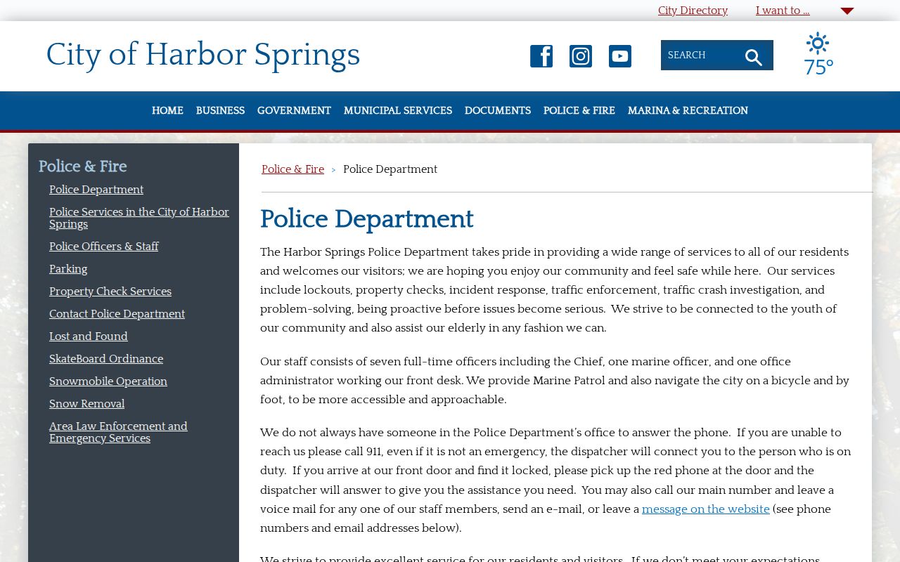 Harbor Springs Police Department page with after-hours duty officer instructions