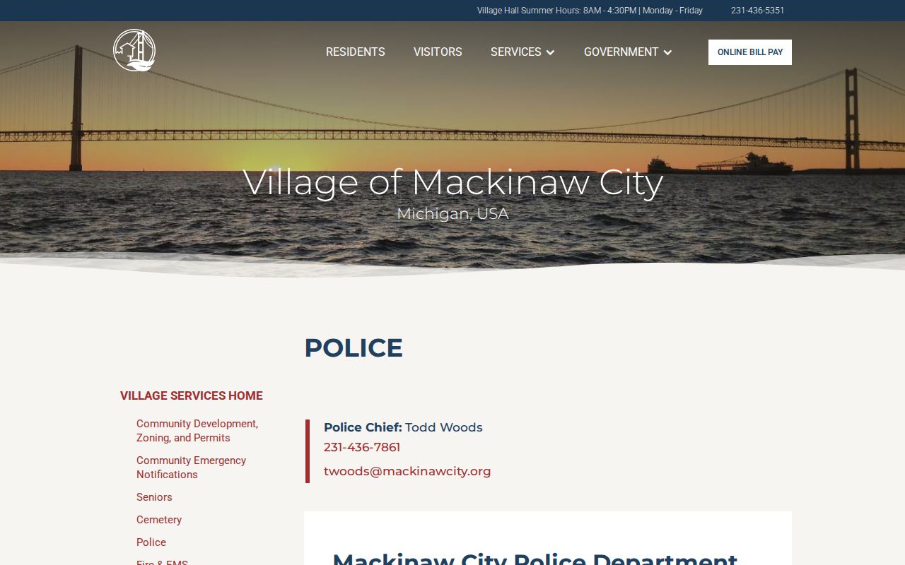 Mackinaw City Police Department page with village and dispatch contacts