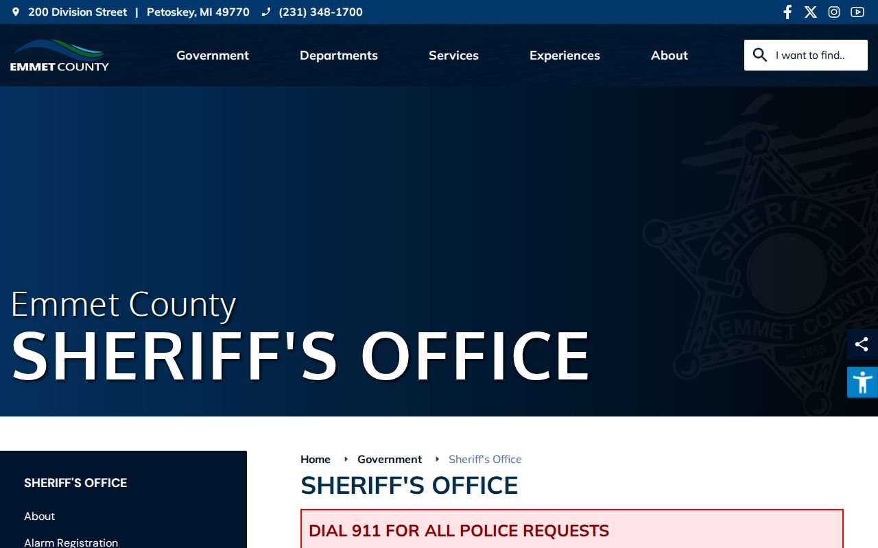 Emmet County Sheriff's Office page with warrant service and records contacts